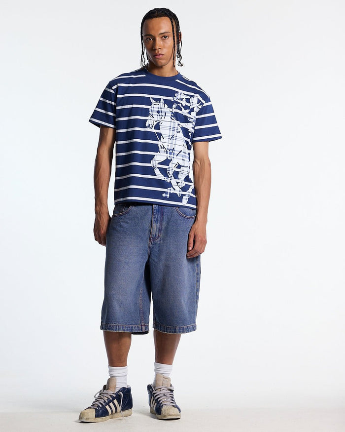 STALLION TEE NAVY - navy striped tee, front view on male model - Cold Culture