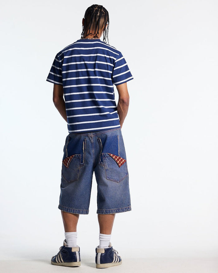 STALLION TEE NAVY - navy striped tee, back view on male model - Cold Culture