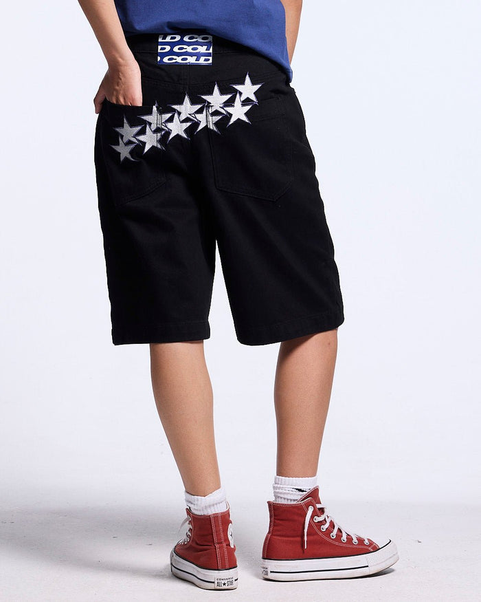 STARS V2 SHORTS BLACK - black baggy denim shorts, back view on female model - Cold Culture