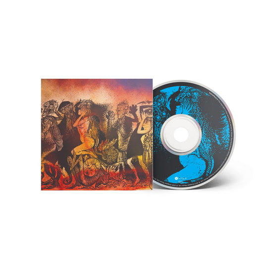 A Storm Corrosion CD and case featuring colorful abstract artwork with surreal animal-like figures in warm tones; the CD showcases a blue and black design with matching abstract elements, reflecting the band’s distinctive artistic style.