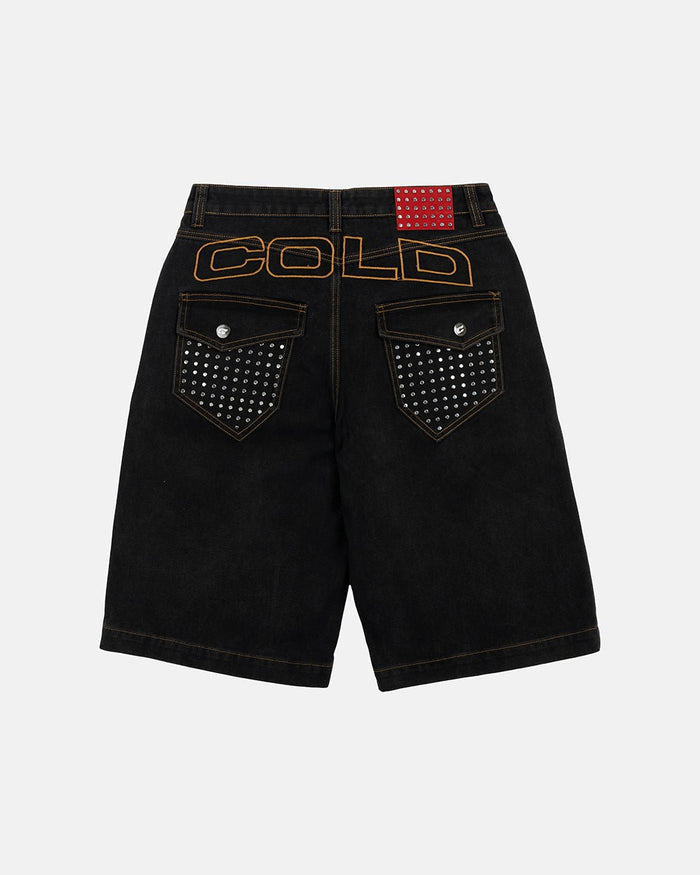 STUDS SHORT BLACK - black studded denim shorts, back view - Cold Culture