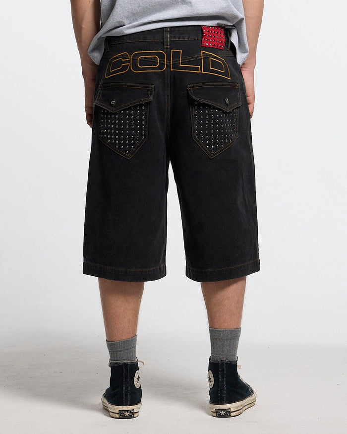 STUDS SHORT BLACK - black studded denim shorts, worn detail - Cold Culture