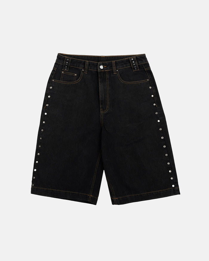 STUDS SHORT BLACK - black studded denim shorts, front view - Cold Culture