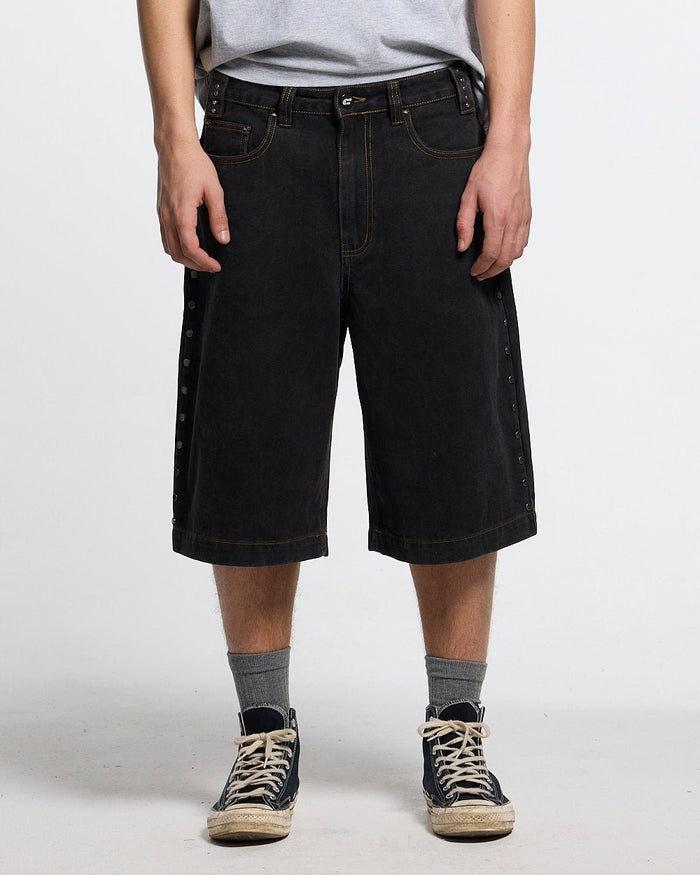 STUDS SHORT BLACK - black studded denim shorts, worn detail - Cold Culture