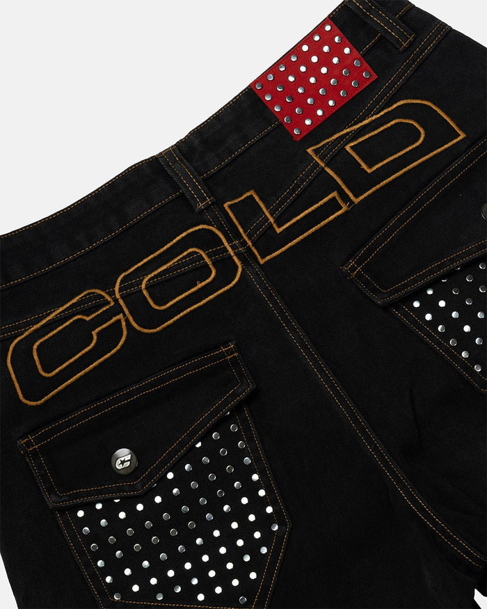STUDS SHORT BLACK - black studded denim shorts, detail close-up - Cold Culture