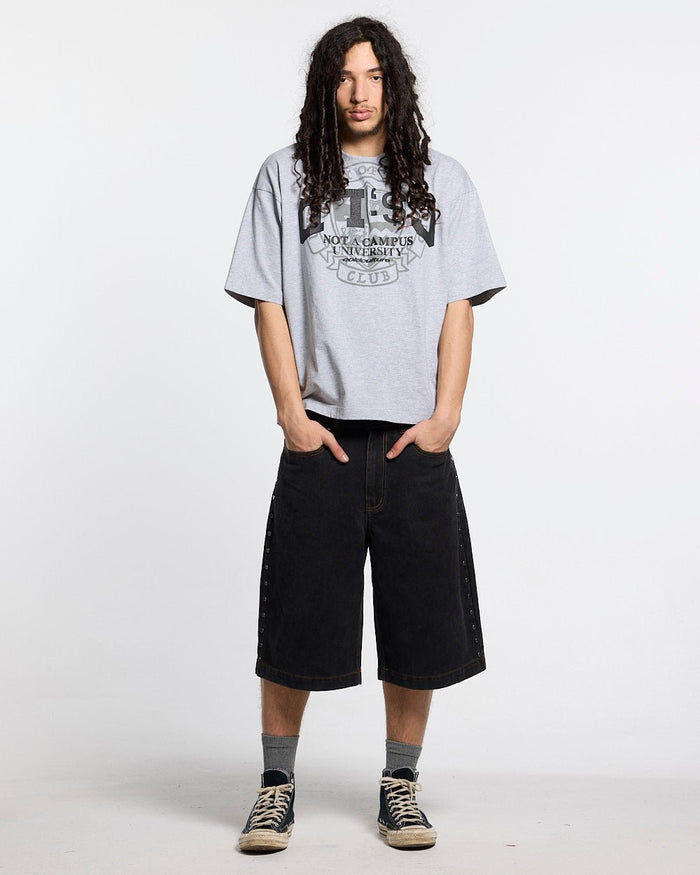 STUDS SHORT BLACK - black studded denim shorts, front view on male model - Cold Culture