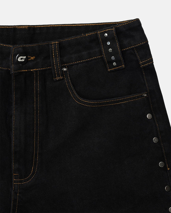 STUDS SHORT BLACK - black studded denim shorts, detail close-up - Cold Culture