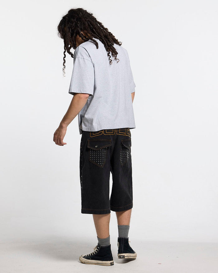 STUDS SHORT BLACK - black studded denim shorts, side view - Cold Culture