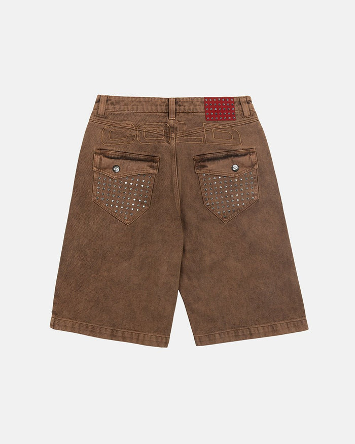 STUDS SHORT BROWN - brown studded denim shorts, back view - Cold Culture