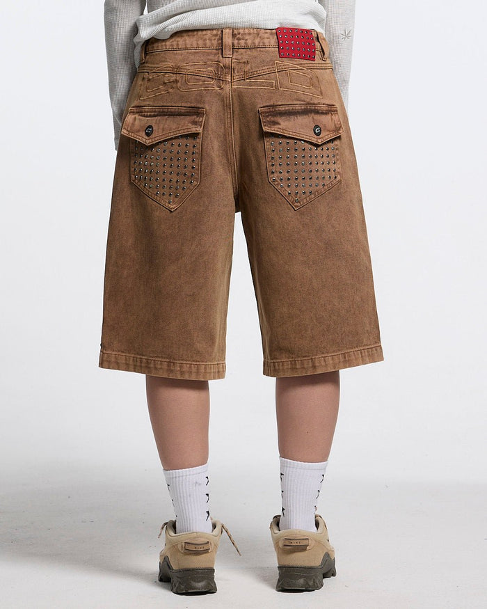 STUDS SHORT BROWN - brown studded denim shorts, worn detail - Cold Culture