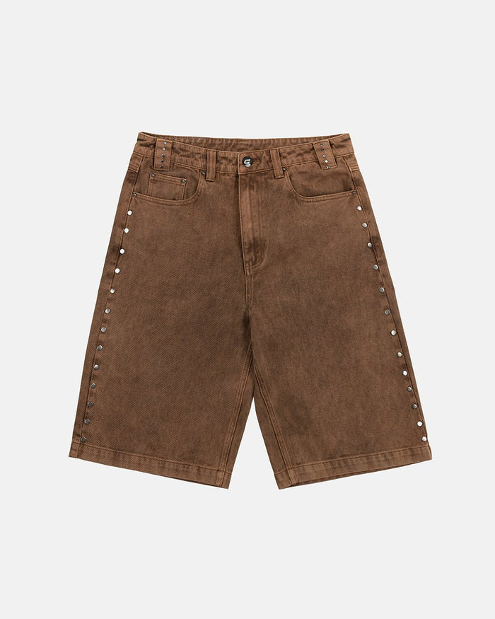 STUDS SHORT BROWN - brown studded denim shorts, front view - Cold Culture