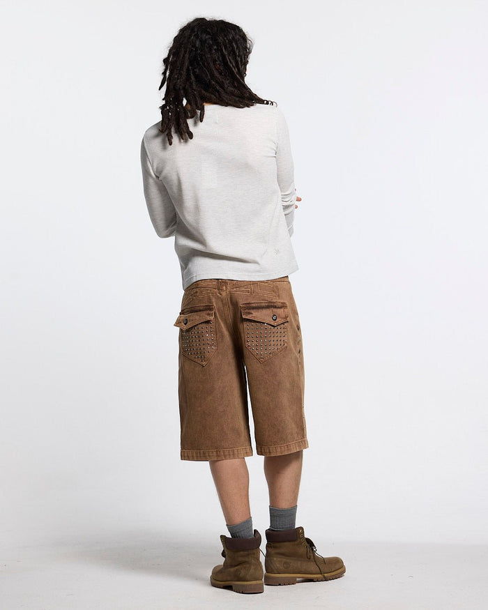 STUDS SHORT BROWN - brown studded denim shorts, back view on male model - Cold Culture