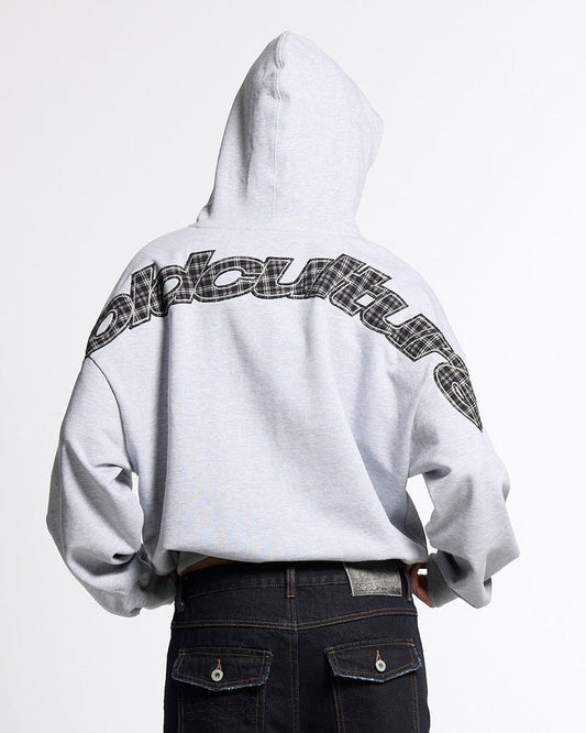 TARTAN DISTRESS CURVED HOODIE HEATHER GREY - heather grey oversized hoodie, back view on male model - Cold Culture