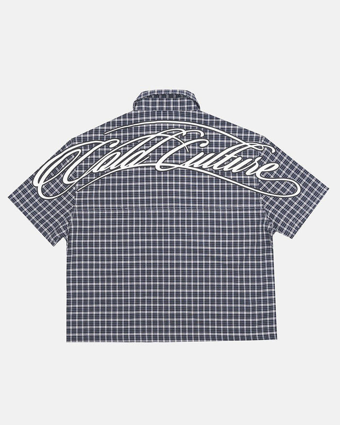 TARTAN SCRIPT SHIRT BLACK - black plaid short sleeve shirt, back view - Cold Culture