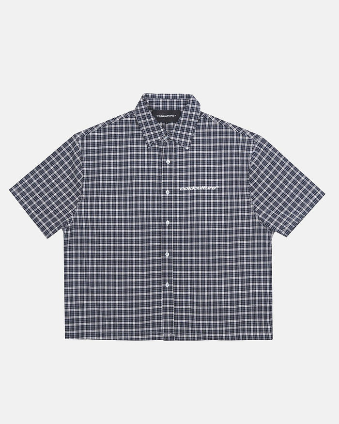 TARTAN SCRIPT SHIRT BLACK - black plaid short sleeve shirt, front view - Cold Culture