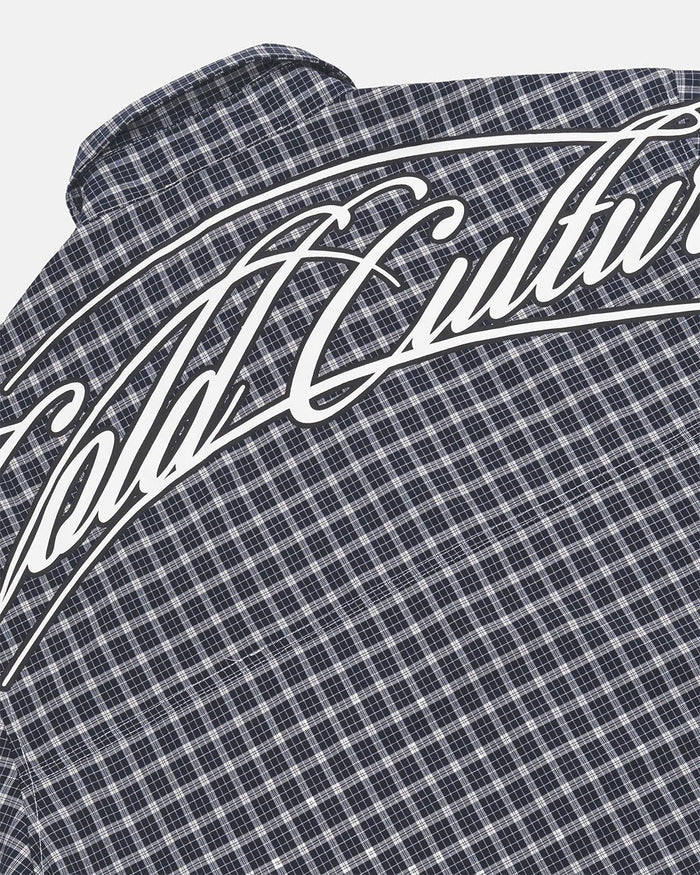 TARTAN SCRIPT SHIRT BLACK - black plaid short sleeve shirt, detail close-up - Cold Culture