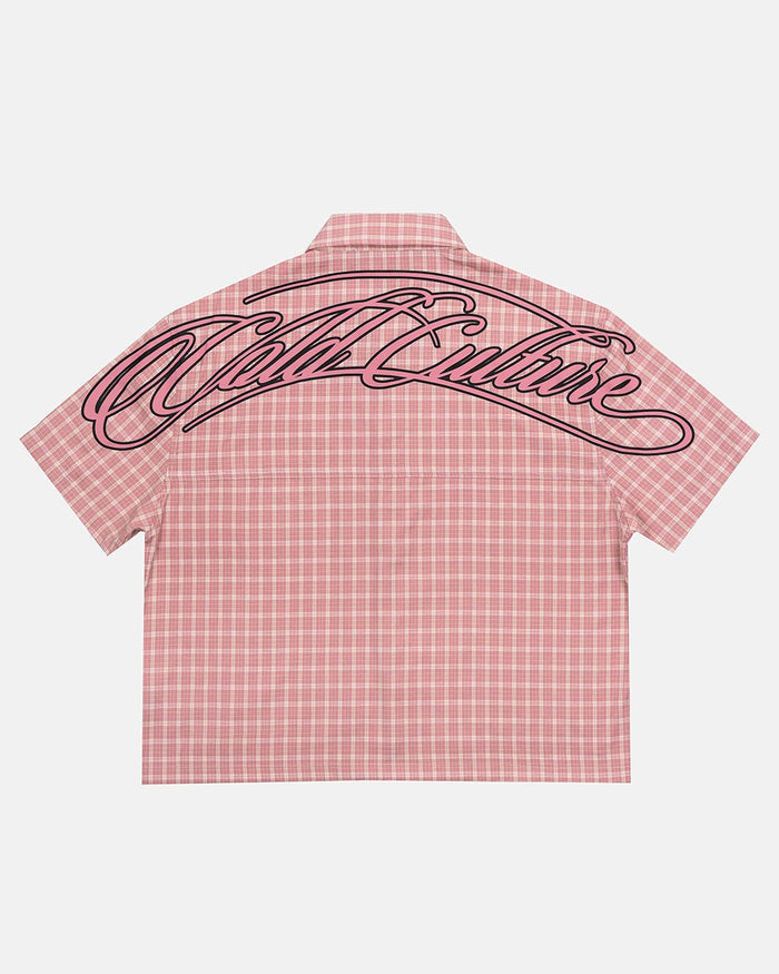 TARTAN SCRIPT SHIRT PINK - pink plaid short sleeve shirt, back view - Cold Culture