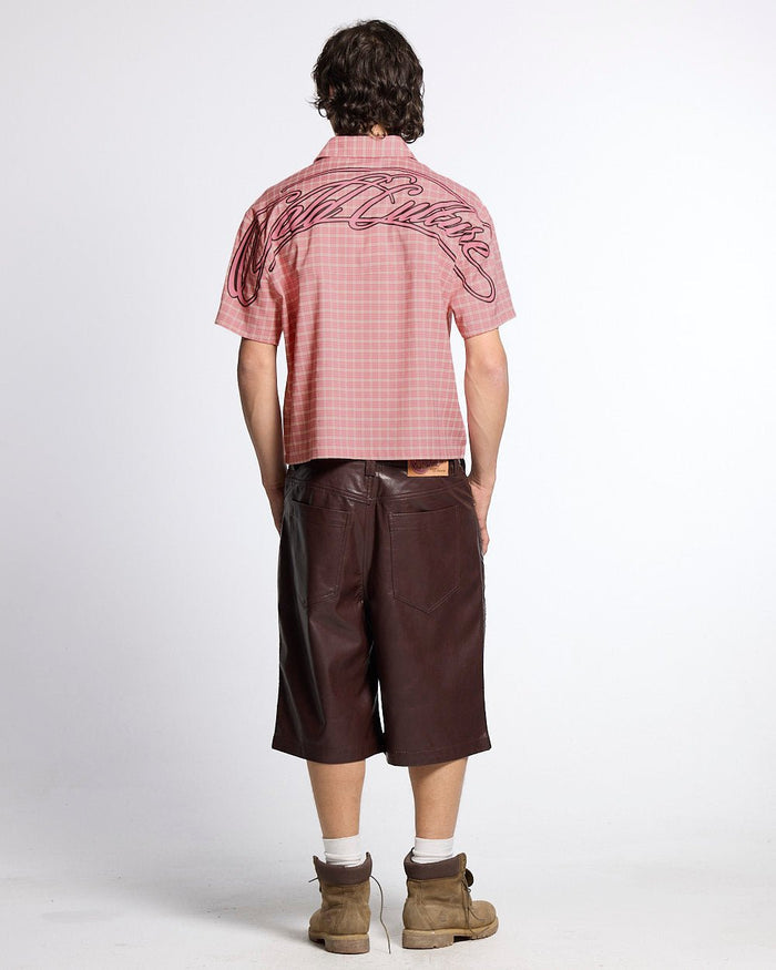 TARTAN SCRIPT SHIRT PINK - pink plaid short sleeve shirt, back view on male model - Cold Culture