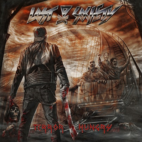 A bloodied figure wielding a machete and severed head stands before a terrified roller coaster crowd, evoking chaos. Terror Hungry and the brand Lost Society are boldly featured in striking, stylized text on the dark, intense scene.
