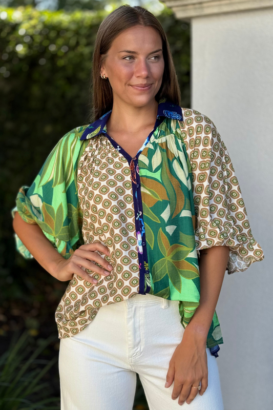 The Mariposa Mixed Print Top in Green