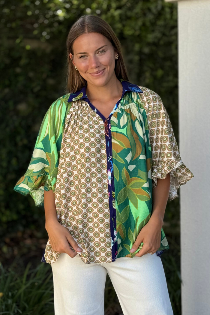 The Mariposa Mixed Print Top in Green