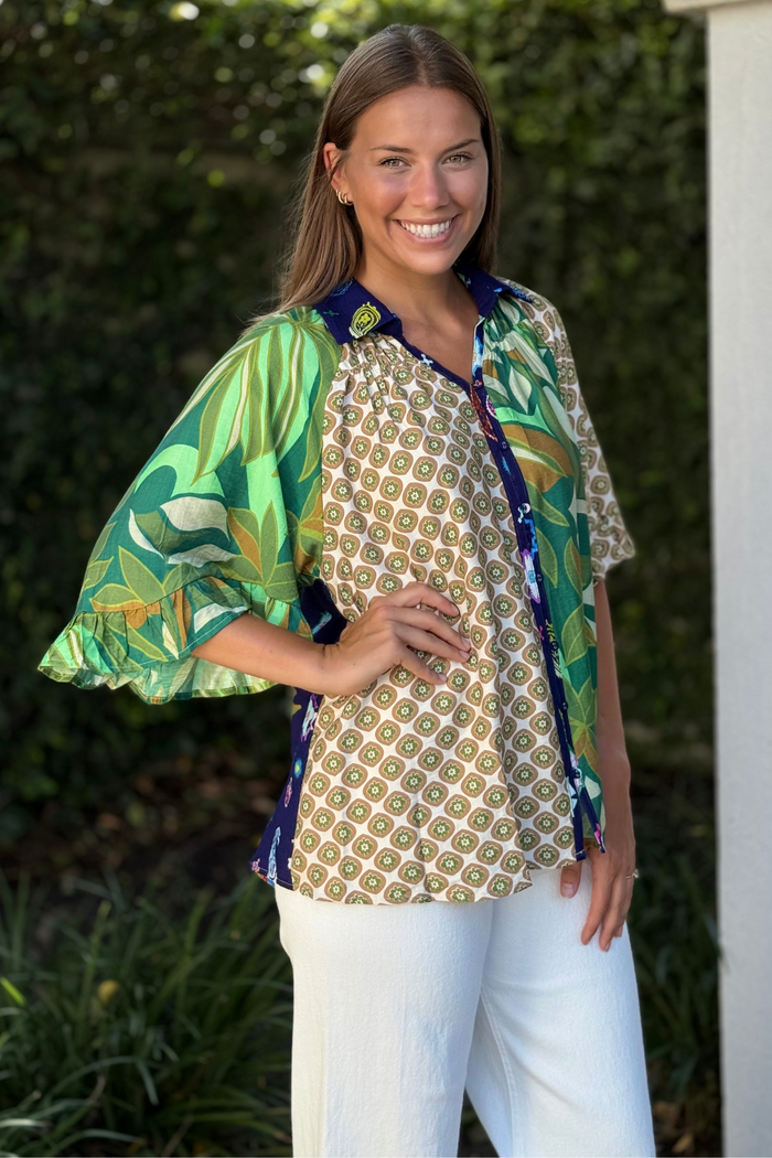 The Mariposa Mixed Print Top in Green