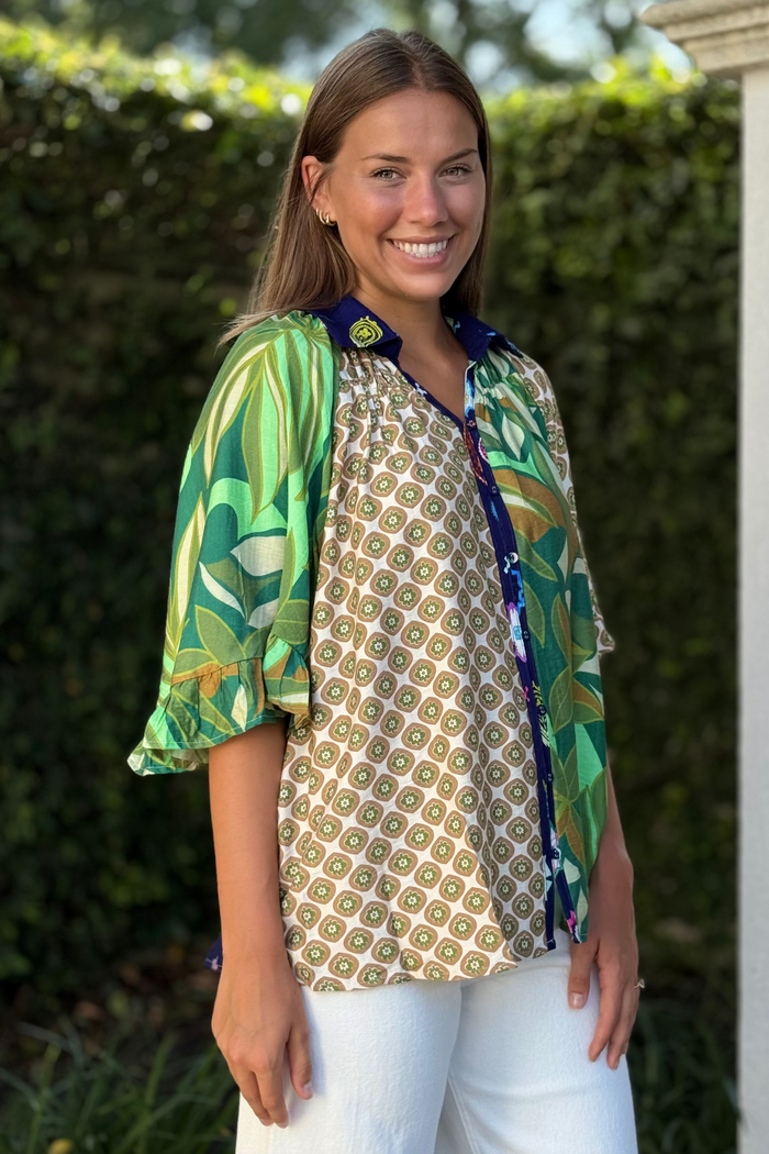 The Mariposa Mixed Print Top in Green