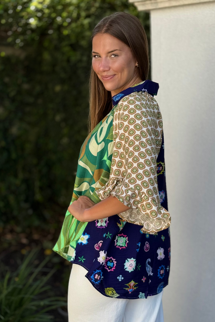 The Mariposa Mixed Print Top in Green