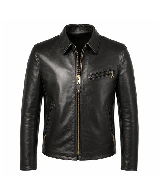 A black leather biker jacket with gold-tone hardware, featuring a zippered front, a zippered chest pocket, and side pockets, shown on a plain white background.