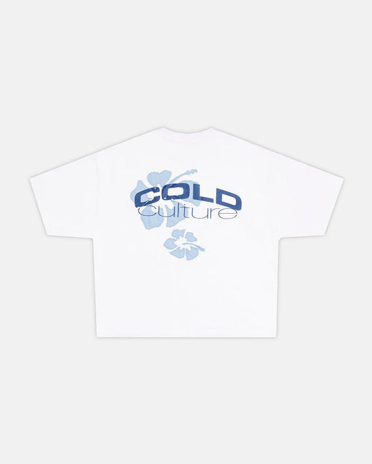 TROPICAL FEVER TEE WHITE - white hibiscus print tee, back view - Cold Culture