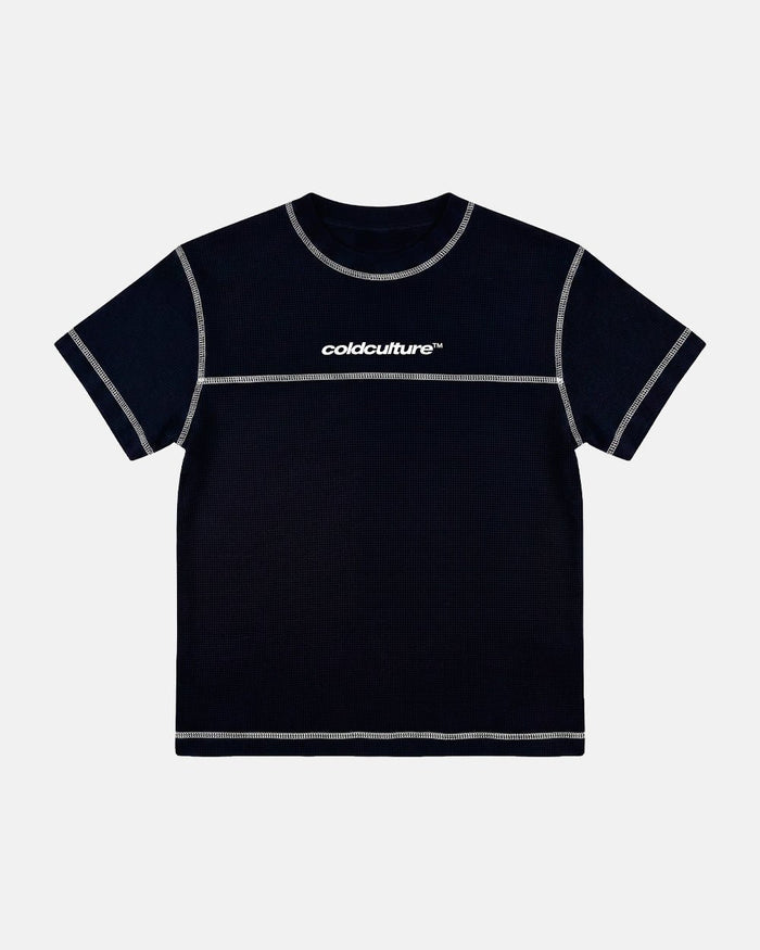 UNDERSKIN TEE BLACK - black contrast stitch tee, front view - Cold Culture