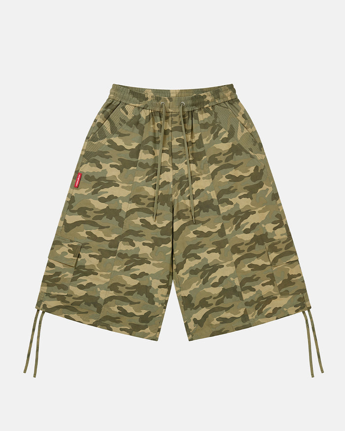 UTILITARY CAPRI PARACHUTE CAMO - camo cargo capri shorts, front view - Cold Culture