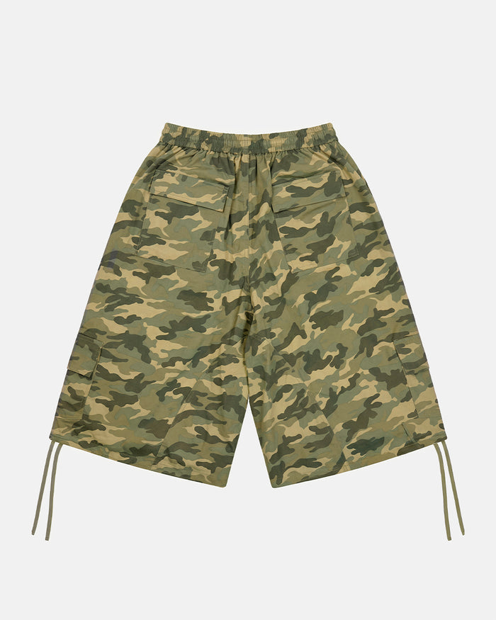 UTILITARY CAPRI PARACHUTE CAMO - camo cargo capri shorts, back view - Cold Culture