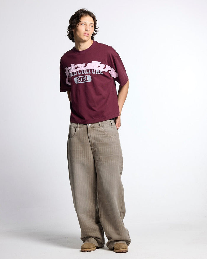 WASHED CASINO V1 PANTS BEIGE - beige pinstripe washed pants, front view on male model - Cold Culture