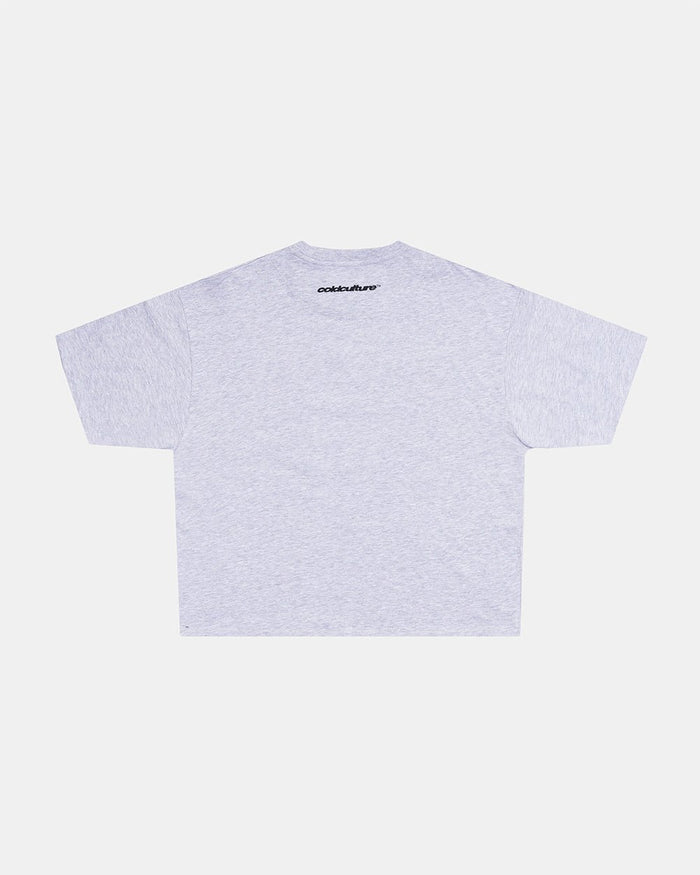 WATCH OUT TEE GREY - heather grey boxy tee, flat lay - Cold Culture