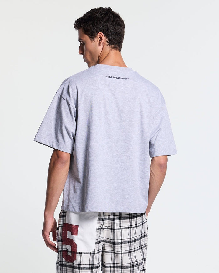 WATCH OUT TEE GREY - heather grey boxy tee, back view on male model - Cold Culture