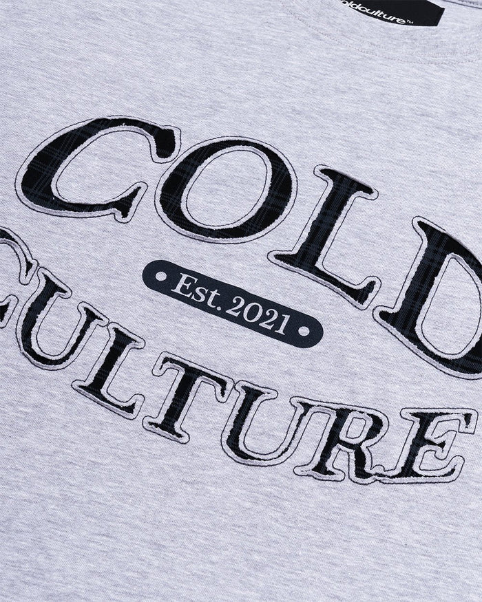 WATCH OUT TEE GREY - heather grey boxy tee, detail close-up - Cold Culture