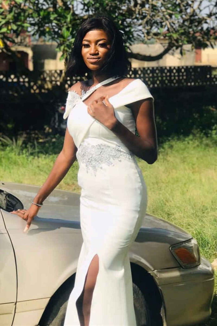 White Asymmetrical Mermaid Long Bridesmaid Dress with Slit