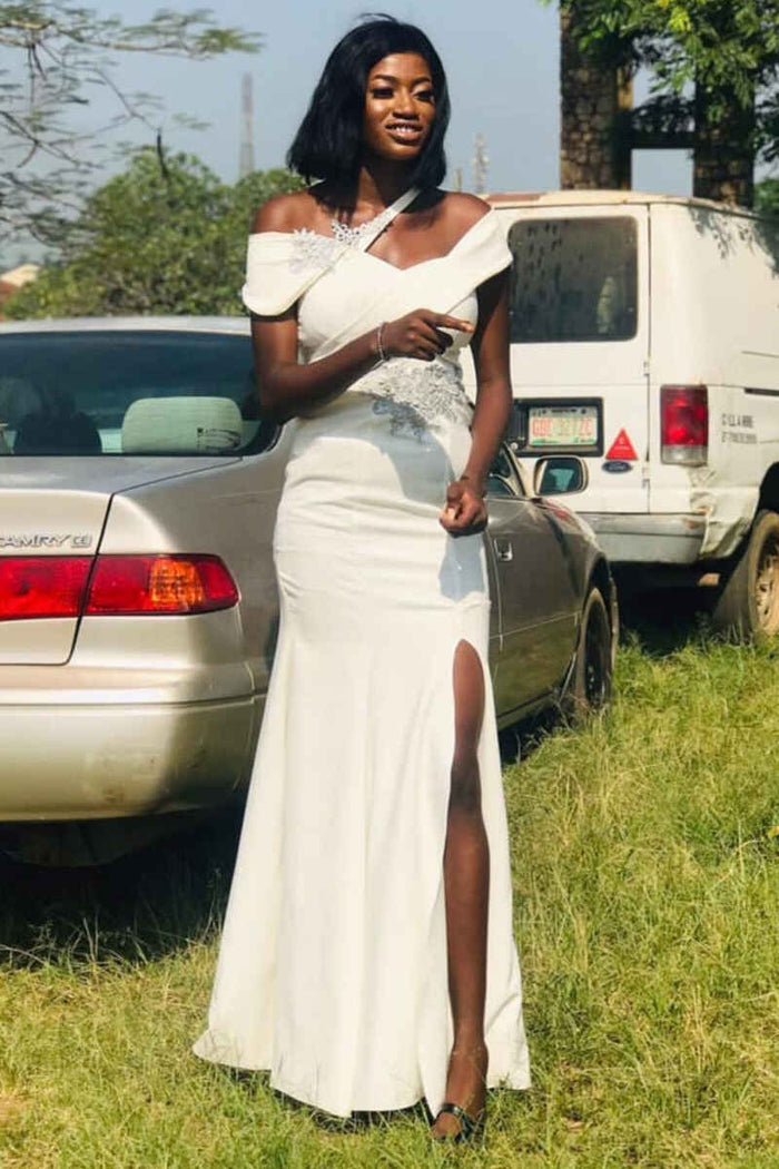 White Asymmetrical Mermaid Long Bridesmaid Dress with Slit