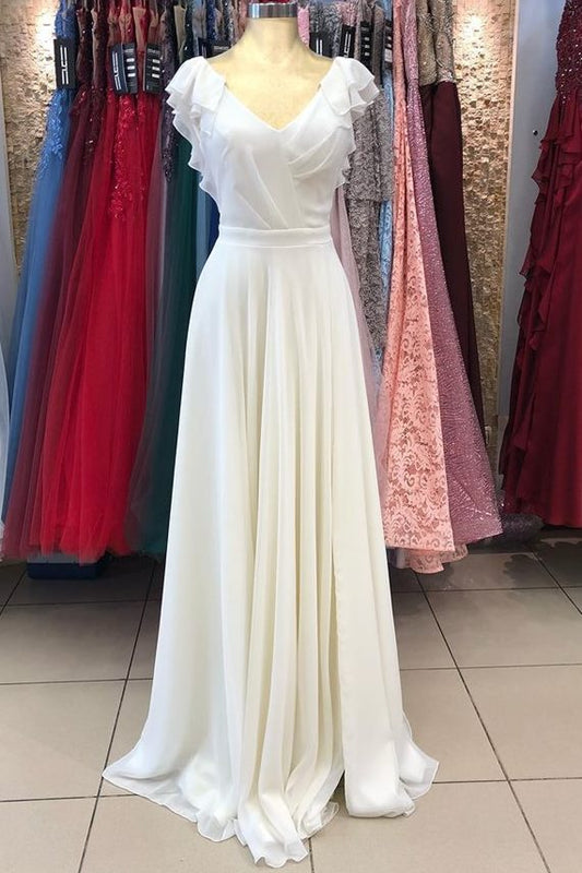White Chiffon V-Neck Backless Ruffled Long Bridesmaid Dress
