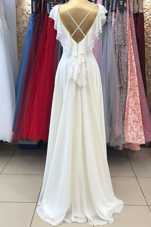 White Chiffon V-Neck Backless Ruffled Long Bridesmaid Dress