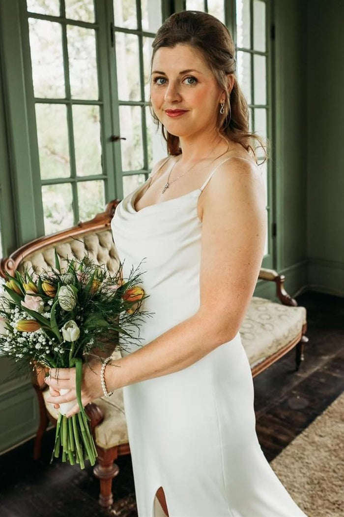 White Cowl Neck Backless Long Wedding Dress with Slit