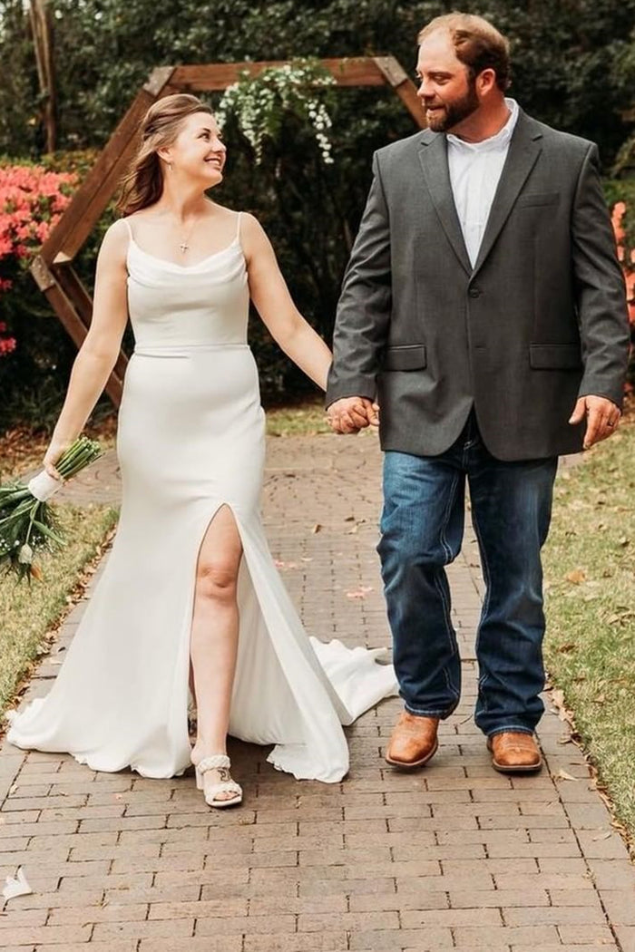 White Cowl Neck Backless Long Wedding Dress with Slit