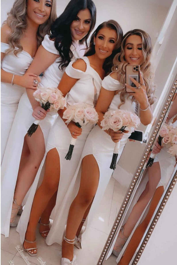 White One-Shoulder Cutout Long Bridesmaid Dress with Slit