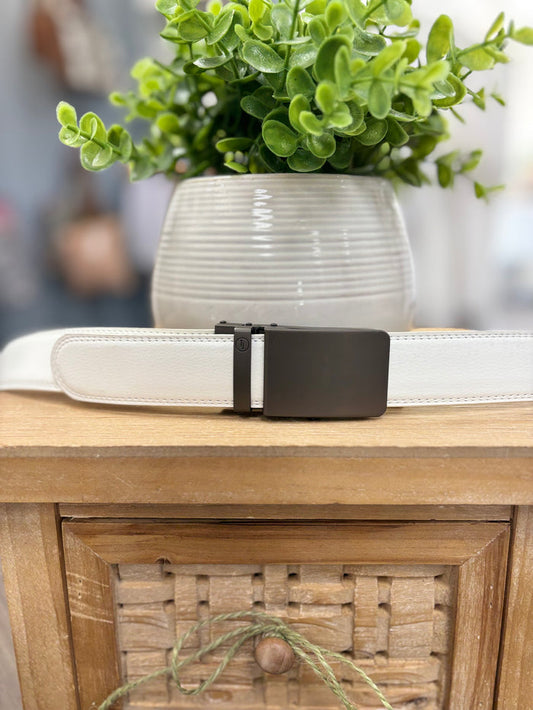White Ratchet belt-Gunmetal Solid Buckle
