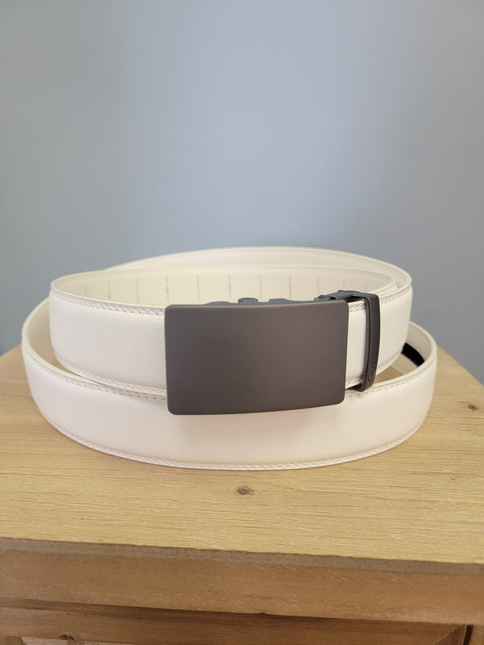 White Ratchet belt-Gunmetal Solid Buckle