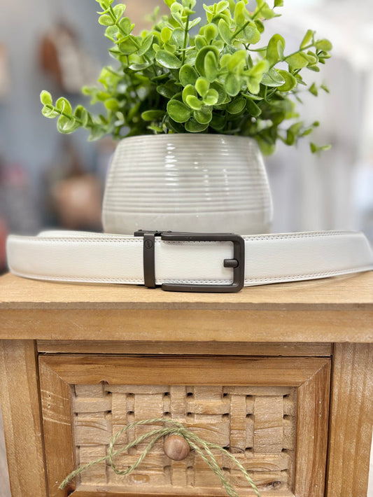 White Ratchet Belt-Traditional buckle in Gunmetal