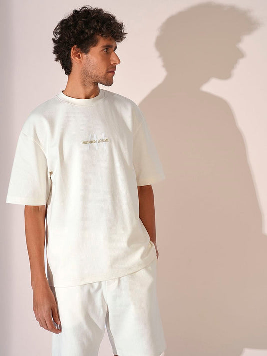 White Ribbed Logo Print T-Shirt