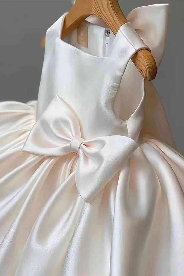 White Satin Square Neck Bow Back Girl Party Dress