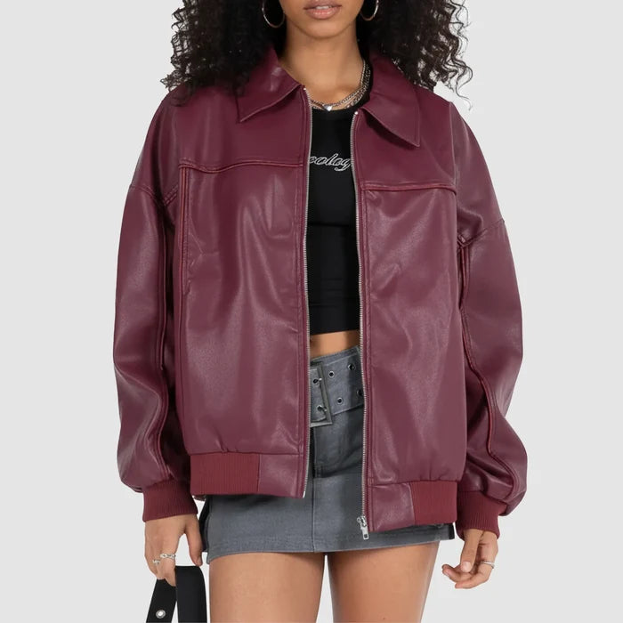 Women's Maroon Leather Bomber Jacket